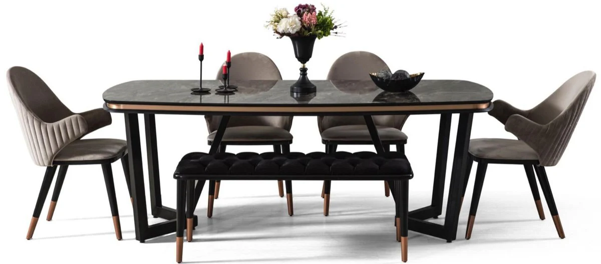 Casa Padrino conjunto de comedor de lujo gris / negro / cobre - 1 Mesa de Comedor y 4 Sillas de Comedor y 1 Banco - Muebles de Comedor de Lujo