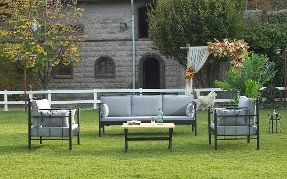 Casa Padrino Art Nouveau Conjunto de Muebles de Jardín Gris Claro / Negro - 1 Sofá y 2 Sillones y 1 Mesa - Muebles de Jardín y Patio en Estilo Art Nouveau