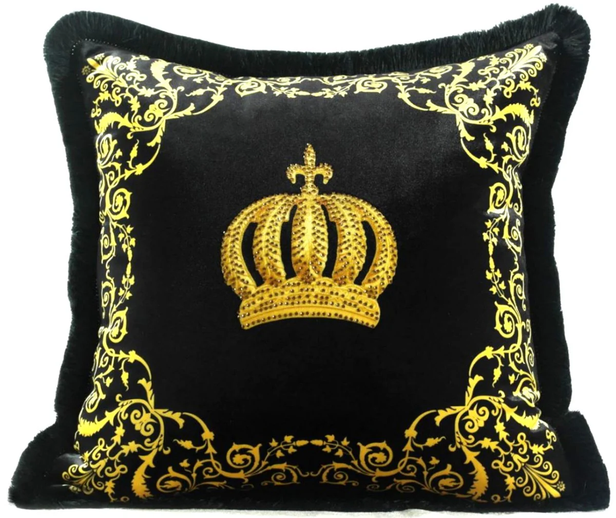 Harald Gl??ckler Pomp??s by Casa Padrino Almohada Decorativa de Lujo Corona Negro / Oro - Tejido de Terciopelo M¨¢s Fino - Gl??ckler Almohada con Diamantes de Imitaci¨®n