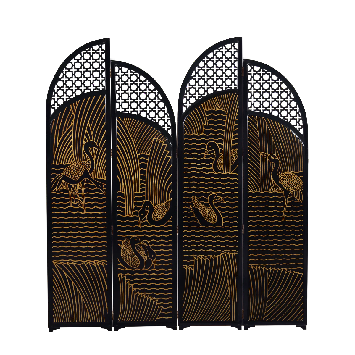 Casa Padrino separador de ambientes de lujo negro / dorado motivo de patos en el lago 184 x H 206 cm - pantalla de estilo vintage