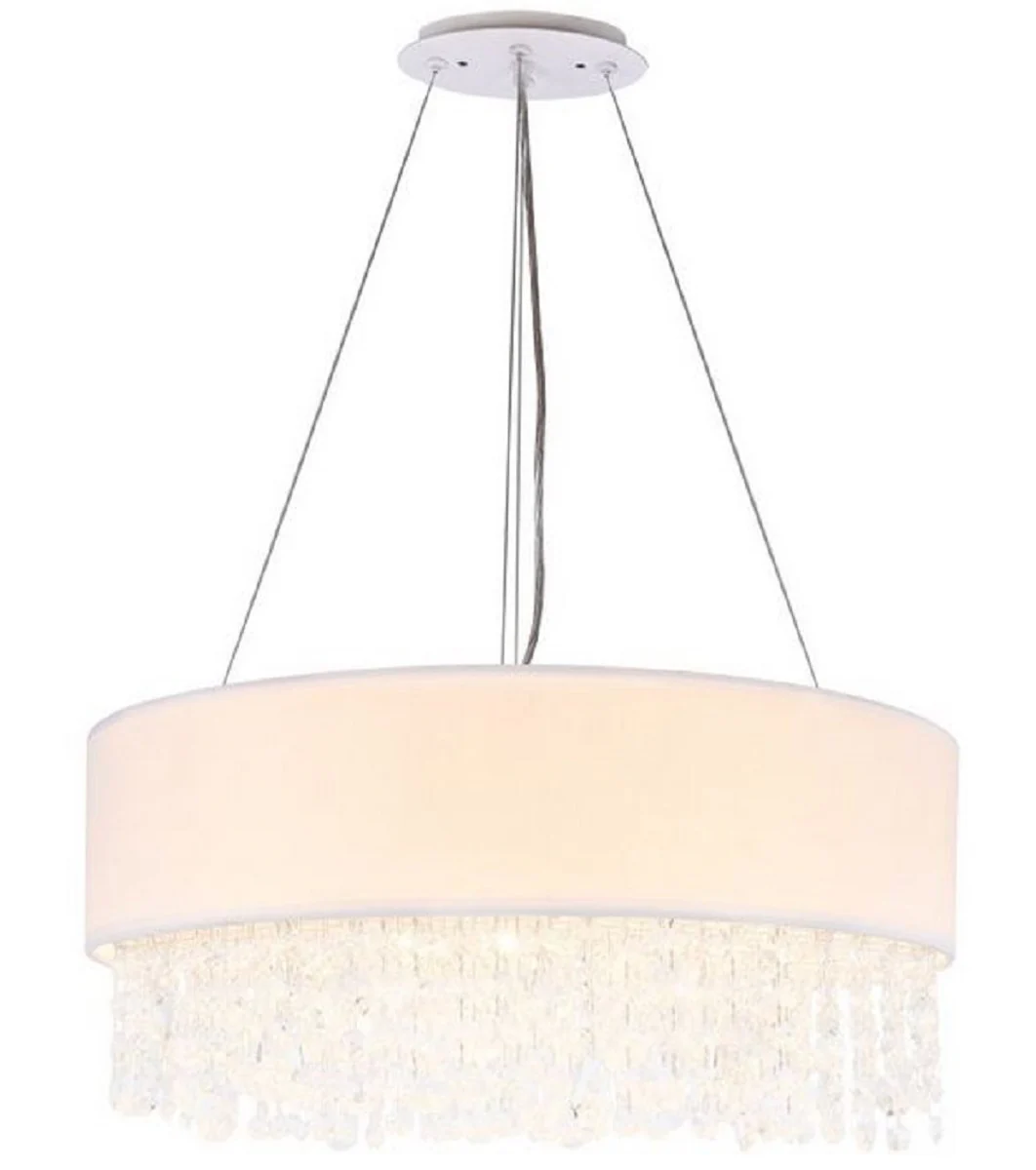 Casa Padrino lámpara colgante plata / blanco Ø 45 x H. 21 cm - Lámpara Redonda Excepcional con Marco de Metal y Cubierta de Tela