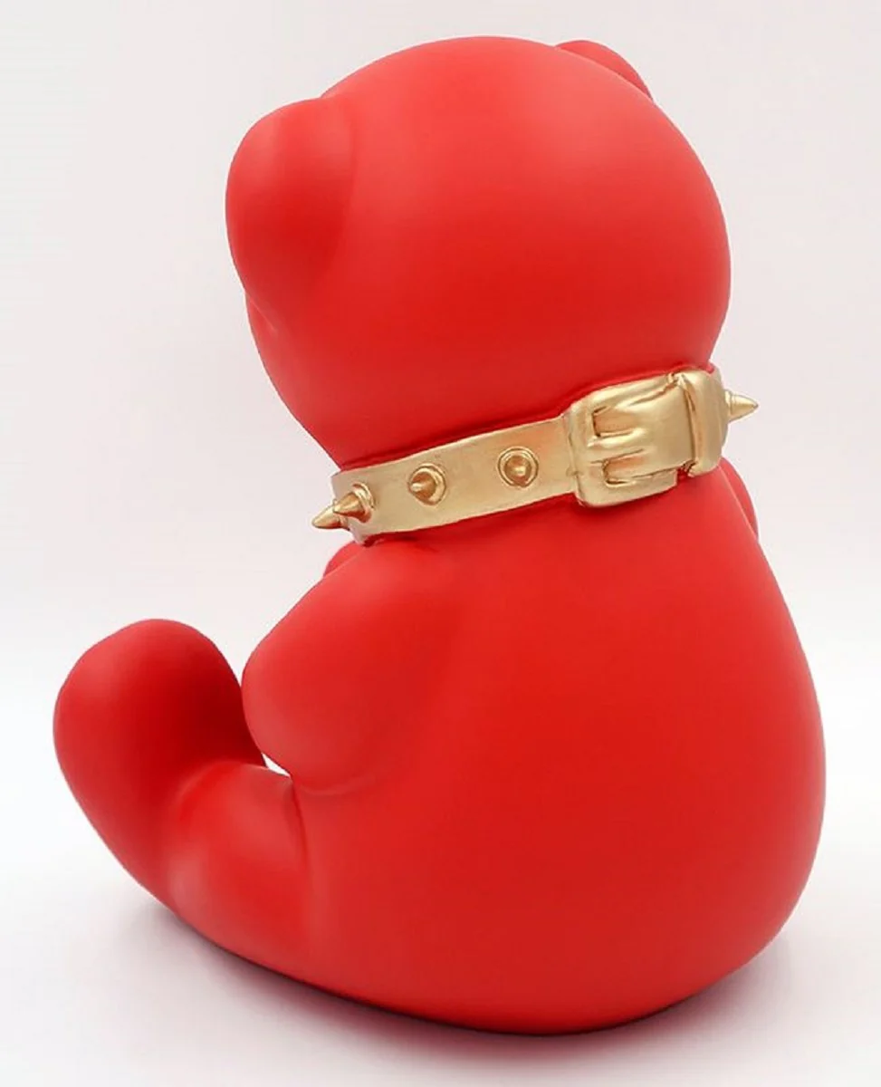Casa Padrino figura decorativa de dise?o de lujo oso de peluche con collar rojo / oro A. 31 cm - Escultura decorativa de resina - Figura decorativa de lujo - Figura decorativa de dise?o