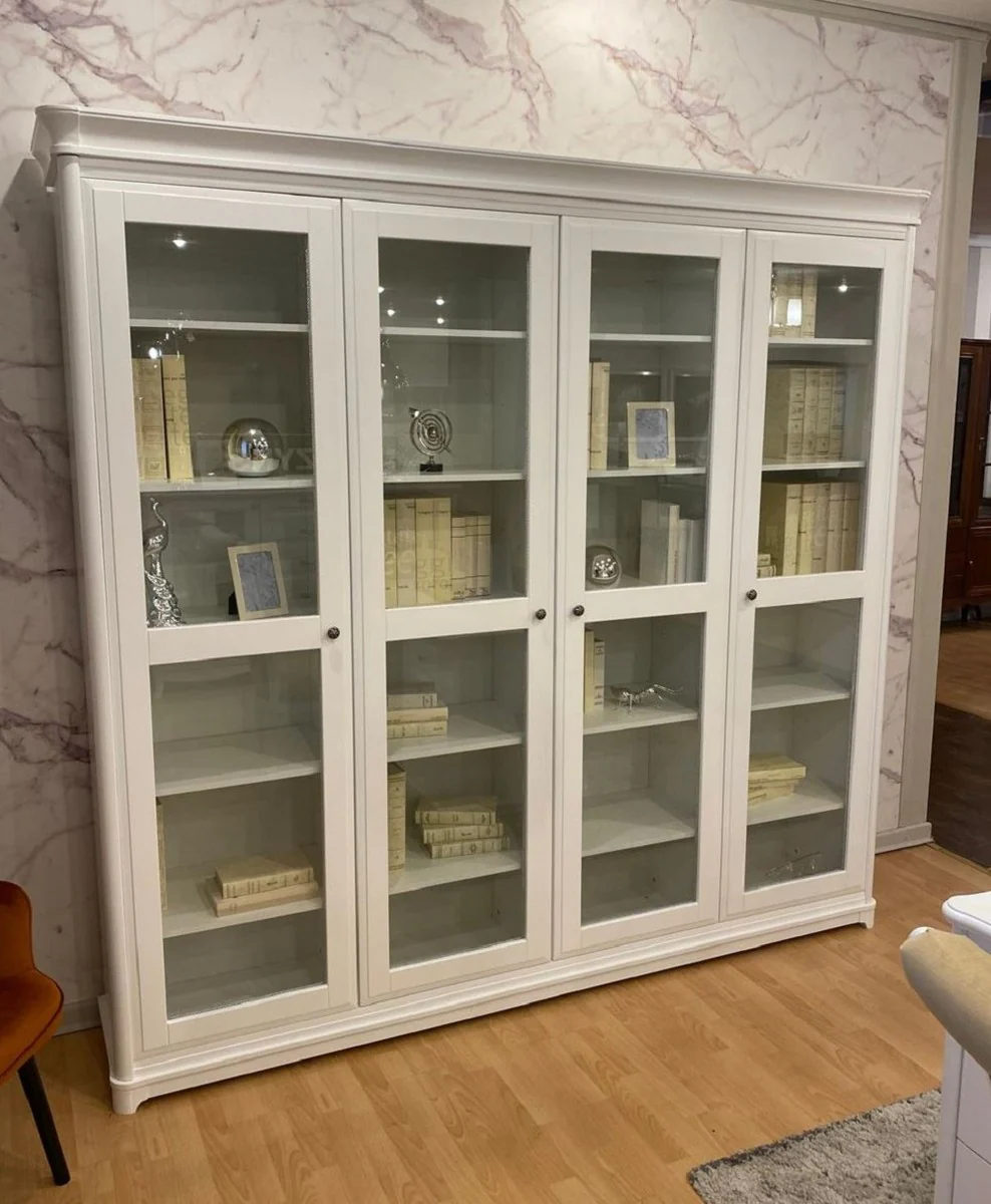 Casa Padrino armario de libros de estilo campestre con 4 puertas de vidrio blanco 234,4 cm