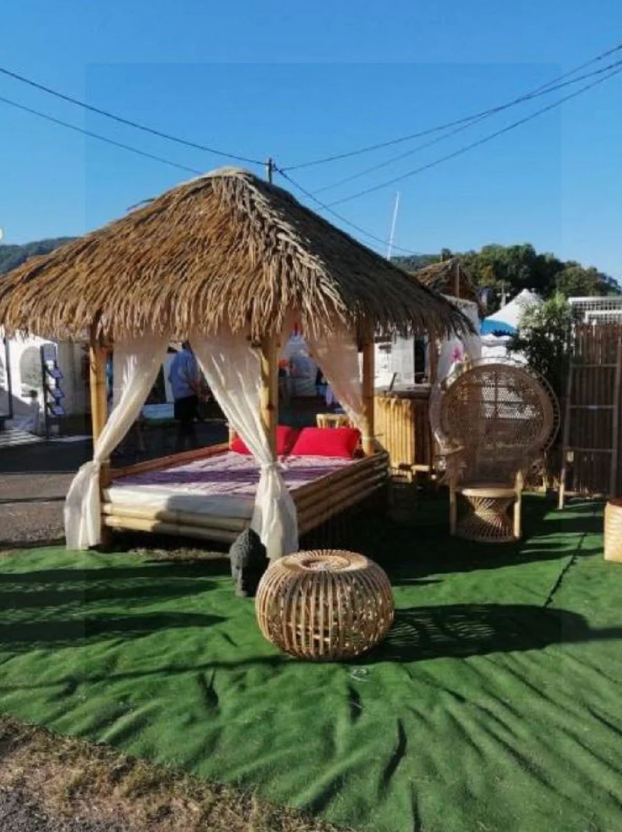 Casa Padrino Tumbona de Jard¨ªn Doble de Lujo de Bamb¨² Naturale - Tumbona de Jard¨ªn Resistente a la Intemperie con Techo y Colch¨®n - Muebles de Jard¨ªn - Muebles de Bamb¨² - Muebles de Lujo