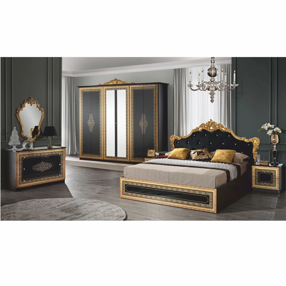 Casa Padrino armario de dormitorio barroco de lujo negro / oro 261,4 cm - Muebles de dormitorio barrocos
