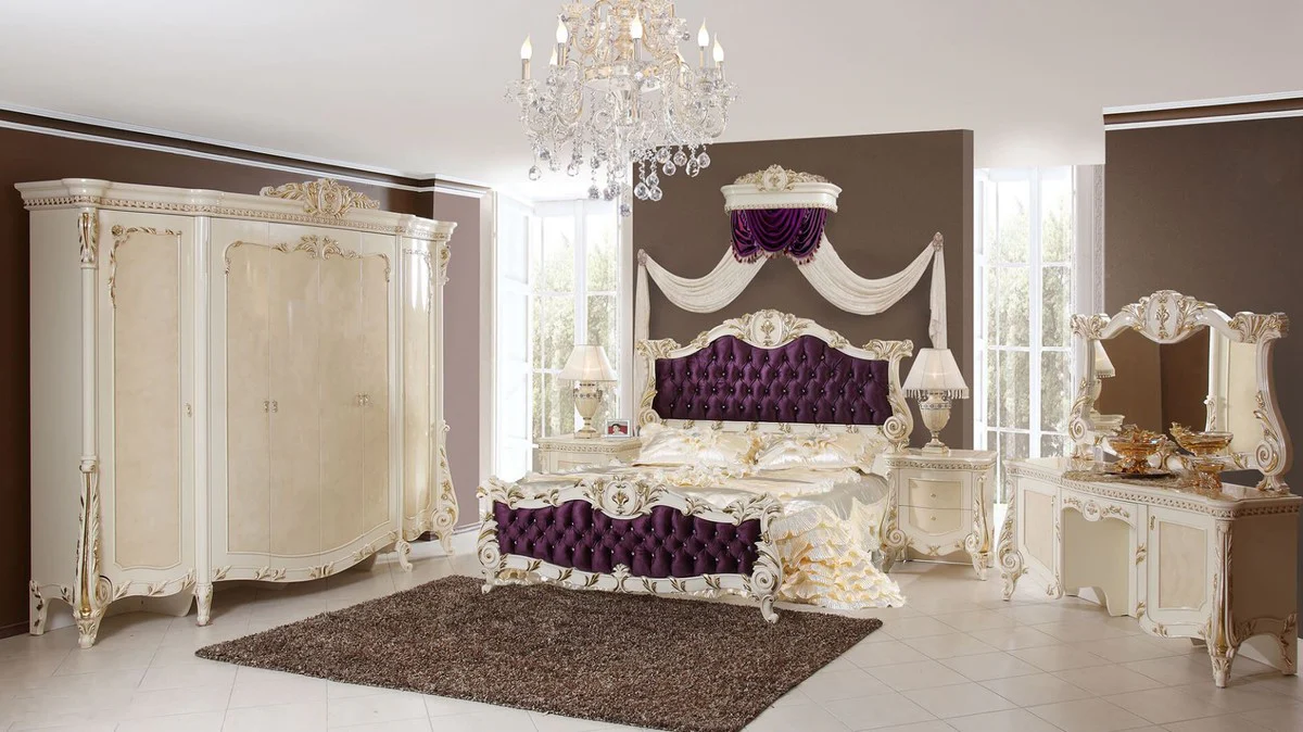 Casa Padrino cama de matrimonio barroco de lujo púrpura / blanco / oro - Magnífica cama de madera maciza con pedrería - Muebles de dormitorio de estilo barroco - Noble y Magnífico