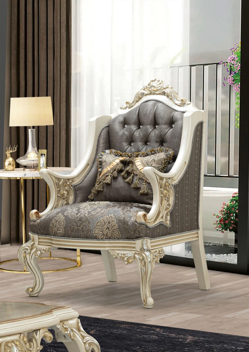 Casa Padrino conjunto de sala de estar barroco de lujo gris / marr¨®n / blanco / oro / plata - 2 Sof¨¢s y 2 Sillones y 1 Mesa de Centro - Muebles de sal¨®n barrocos hechos a mano - Noble y Magn¨ªfico