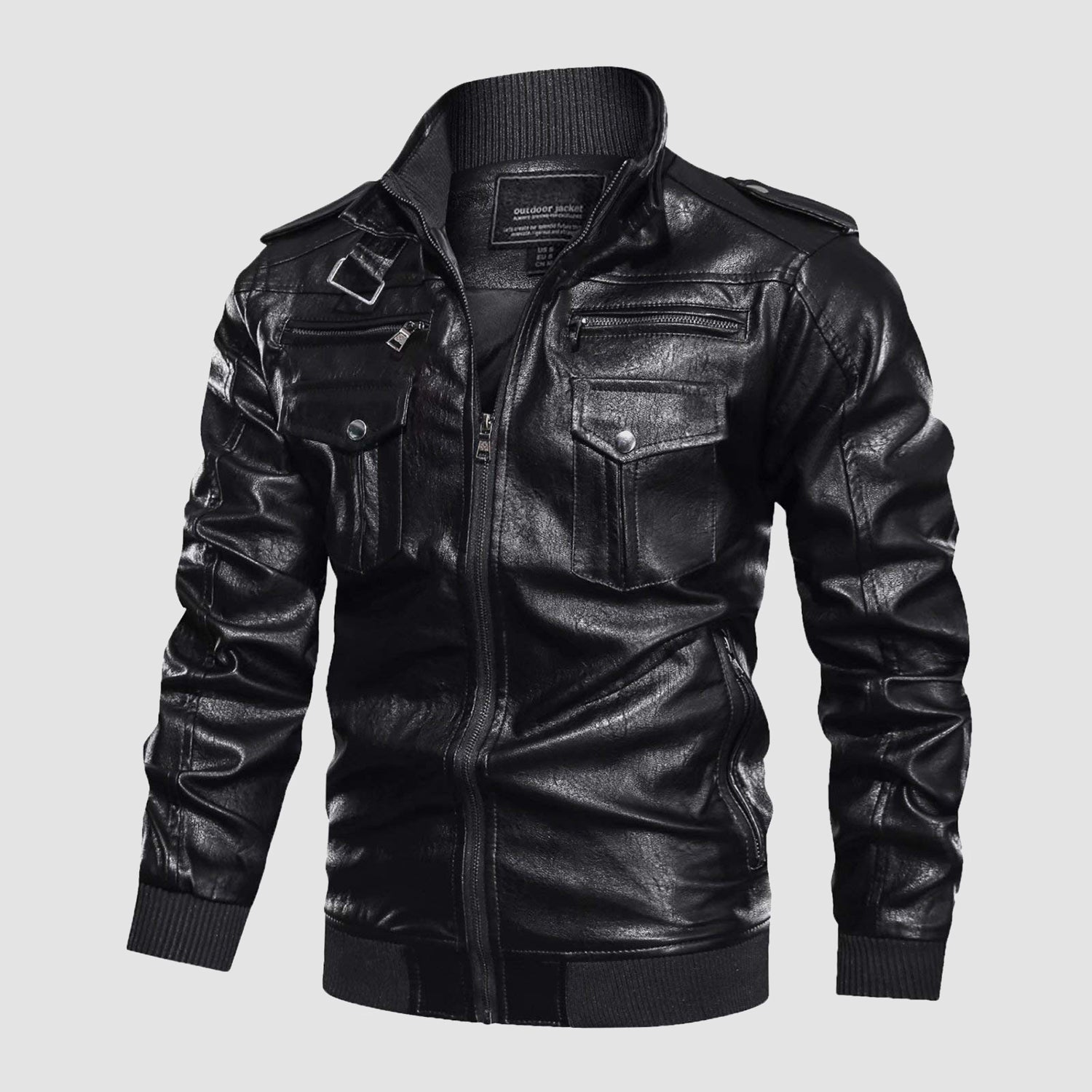 Men's Vintage Pu Faux Leather Jacket with 6 Pockets Stand Collar Motorcycle PU Leather Outwear Coat