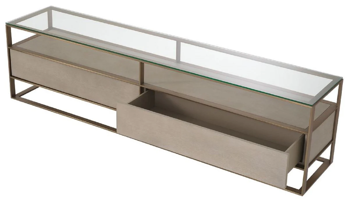 Casa Padrino Gabinete de la TV de Lujo 220 x 46 x H. 56,5 cm - Aparador con Tapa de Vidrio y 2 Cajones - Muebles de Sal¨®n de Lujo
