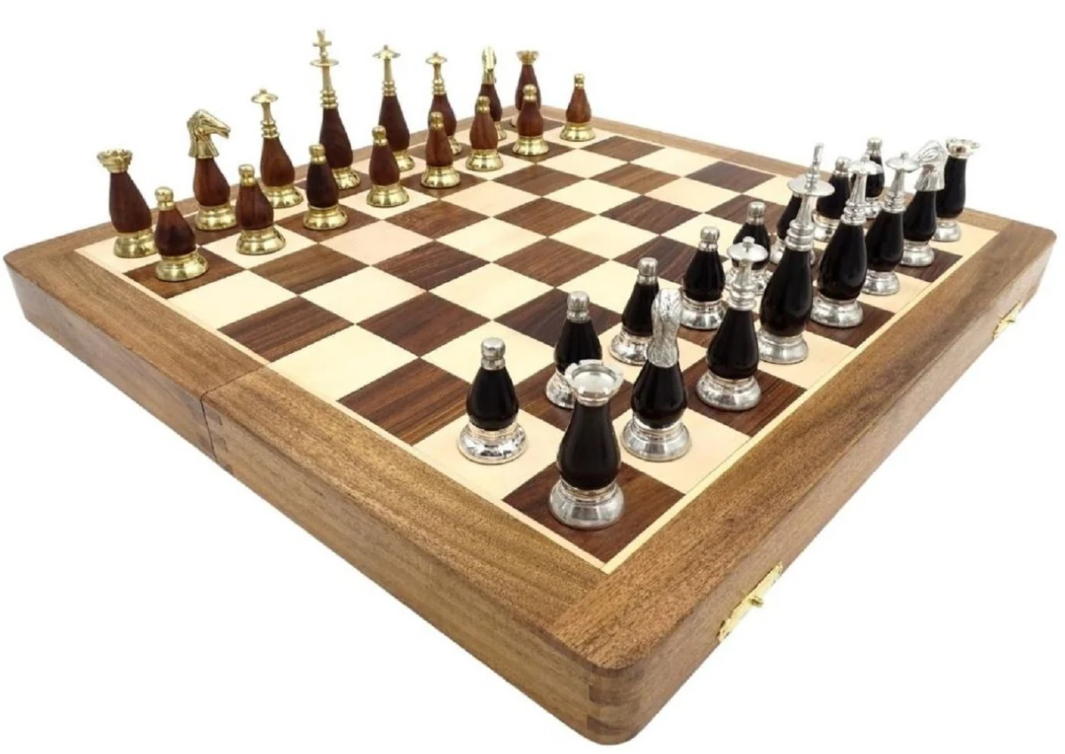 Casa Padrino conjunto de ajedrez de lujo marrón / beige / plata / oro 40 x 40 cm - Ajedrez de madera plegable - Tablero de ajedrez de madera con piezas de ajedrez de latón - Accesorios de lujo