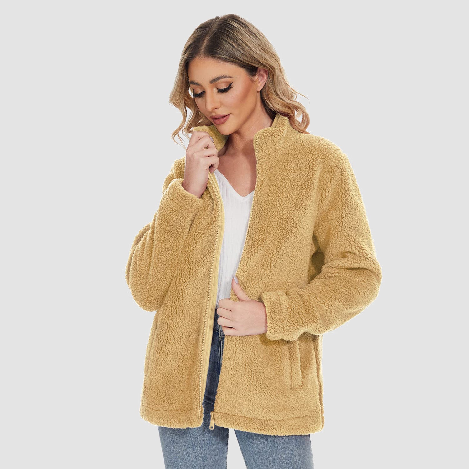 Women Sherpa Jacket Full-Zip Fuzzy Fleece Teddy Casual Coats Zip Pockets Winter Warm Soft Jackets