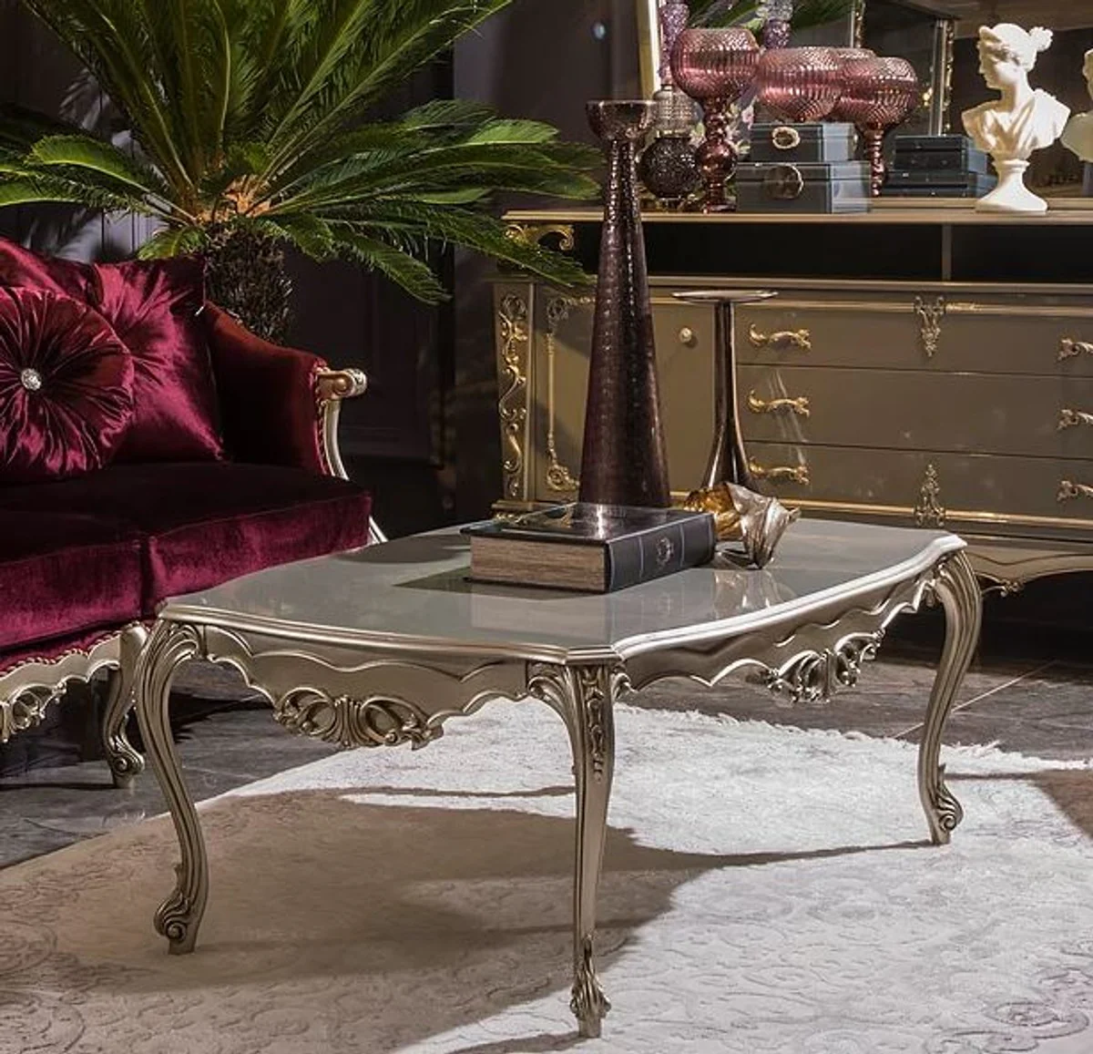 Casa Padrino mesa de centro barroco de lujo plata 122 x 71 x A. 48 cm - Mesa de sal¨®n de madera maciza - Muebles barrocos nobles