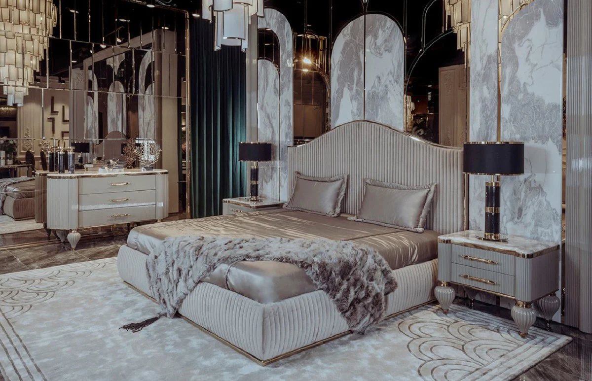 Casa Padrino mesita de noche Art Deco de lujo gris / blanco / oro 64 x 51 x A. 59 cm - Magn¨ªfica mesita de noche de madera maciza con 2 cajones - Muebles de Dormitorio y Hotel Art Deco de Lujo