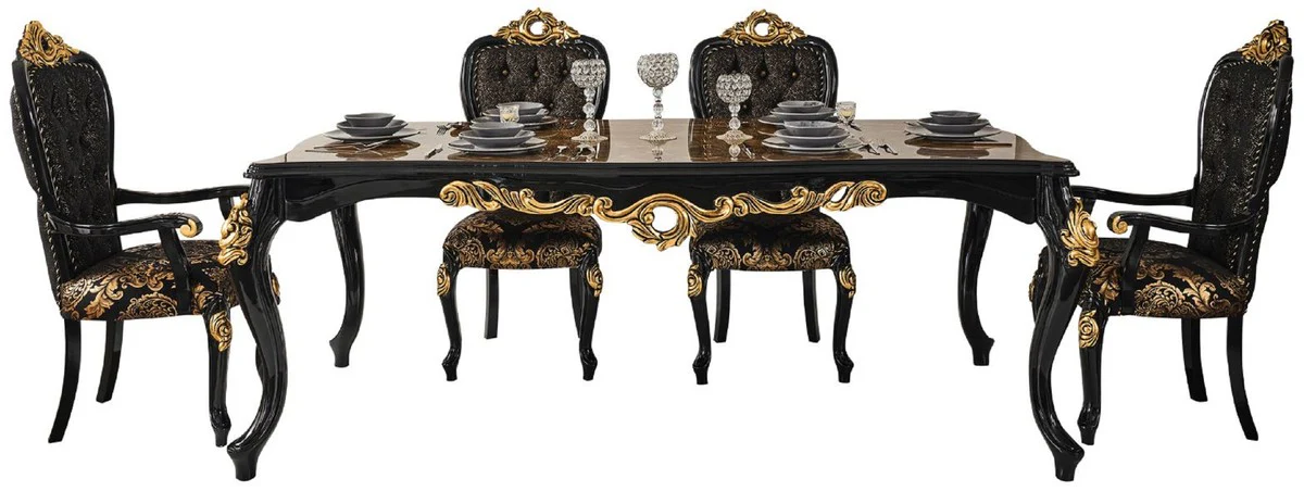 Casa Padrino conjunto de comedor barroco de lujo marr¨®n / negro / oro - 1 Mesa de Comedor con Aspecto de M¨¢rmol y 6 Sillas de Comedor - Magn¨ªfico muebles de comedor en estilo barroco