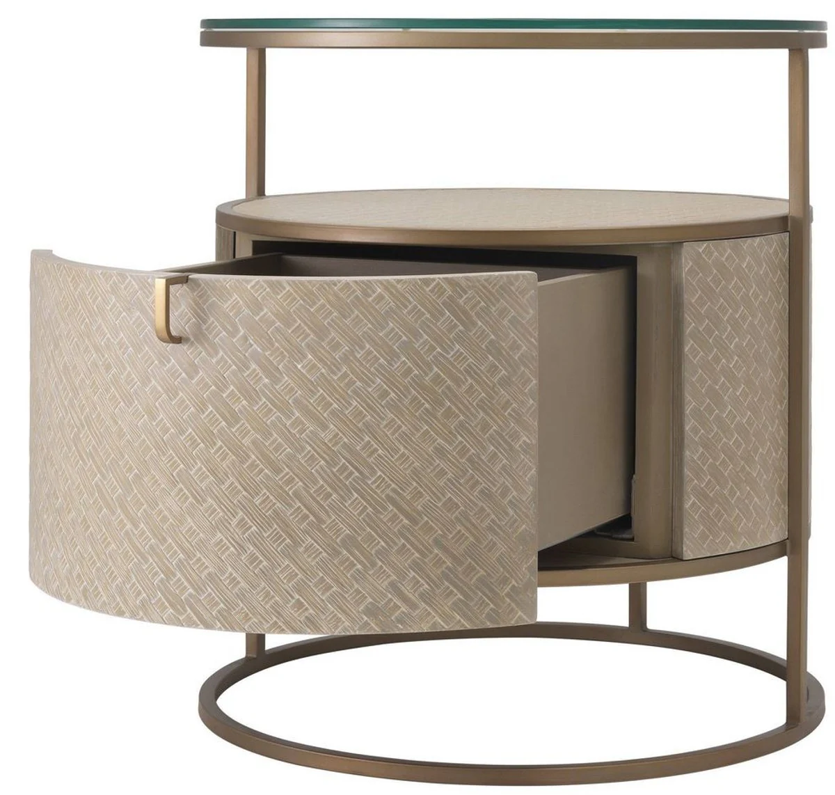 Casa Padrino mesita de noche de lujo beige / lat¨®n ? 50 x H. 56 cm - Mesa Auxiliar Redonda con Caj¨®n y Tapa de Vidrio - Muebles de Dormitorio de Lujo