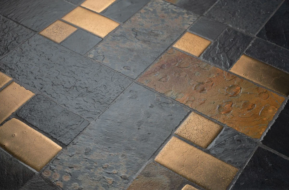 Casa Padrino mesa de centro de lujo multicolor / negro ? 50 x H. 53 cm - Mesa de Caf¨¦ Redonda con Azulejos de Pizarra y Baldosas de Cer¨¢mica