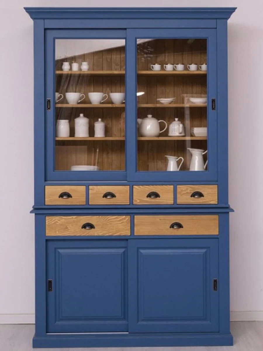 Casa Padrino armario de comedor de estilo campestre azul / natural 142 x 48 x A. 225 cm - Armario de cocina de madera maciza - Muebles de comedor de estilo campestre