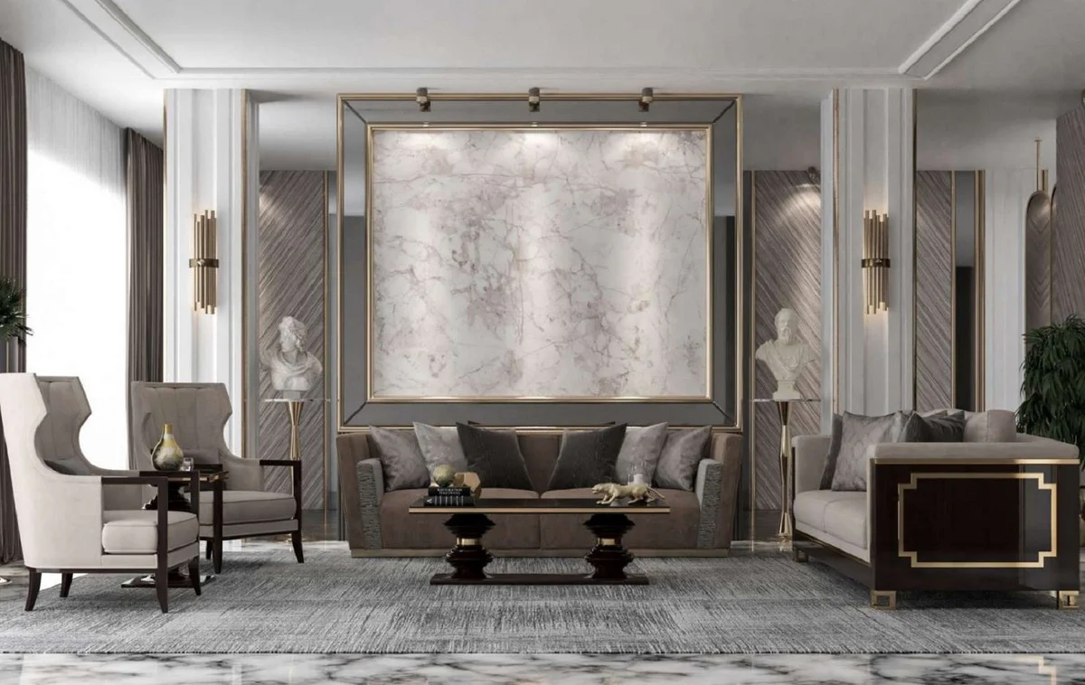 Casa Padrino sof¨¢ Art Deco de lujo gris claro / marr¨®n oscuro brillante / oro - Sof¨¢ de sal¨®n de madera maciza hecho a mano con tela de terciopelo noble - Calidad de Lujo - Muebles Art Deco