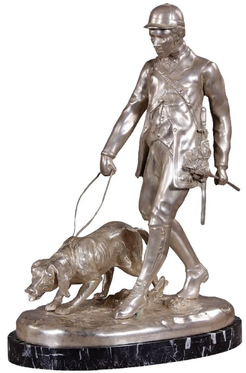 Casa Padrino figura de bronce de lujo cazador con perro plata / negro 45 x 28 x A. 61 cm - Escultura de bronce con base de mármol - Decoración de escritorio - Decoración sala de estar - Calidad de Lujo