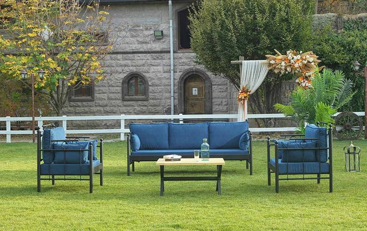 Casa Padrino Art Nouveau Conjunto de Muebles de Jard¨ªn Azul / Negro - 1 Sof¨¢ y 2 Sillones y 1 Mesa - Muebles de Jard¨ªn y Patio en Estilo Art Nouveau