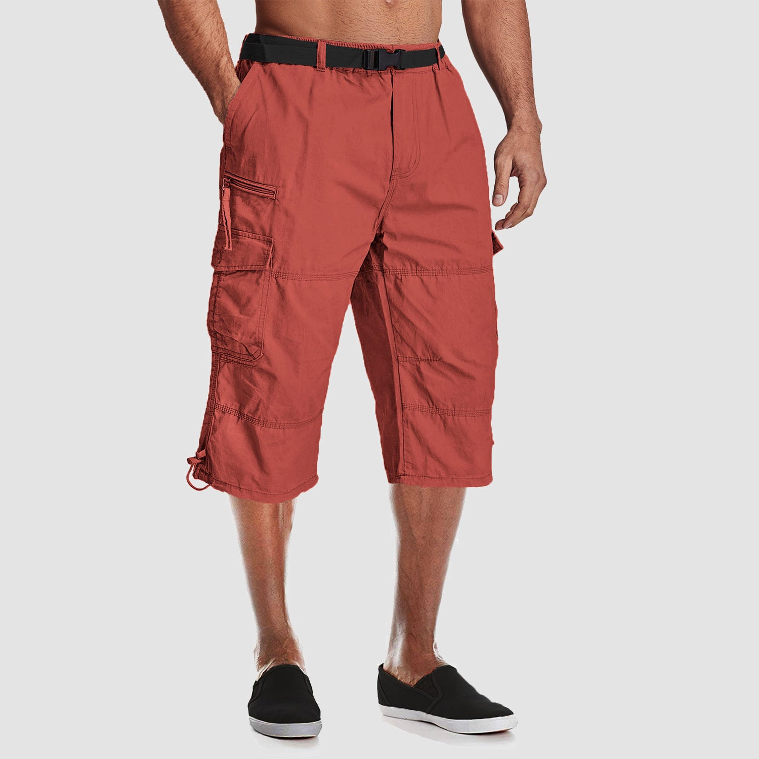 Men Summer Casual 3/4 Long Cargo Shorts Twill Cotton Elastic Waist Multiple Pockets Comfortable Capris Trousers