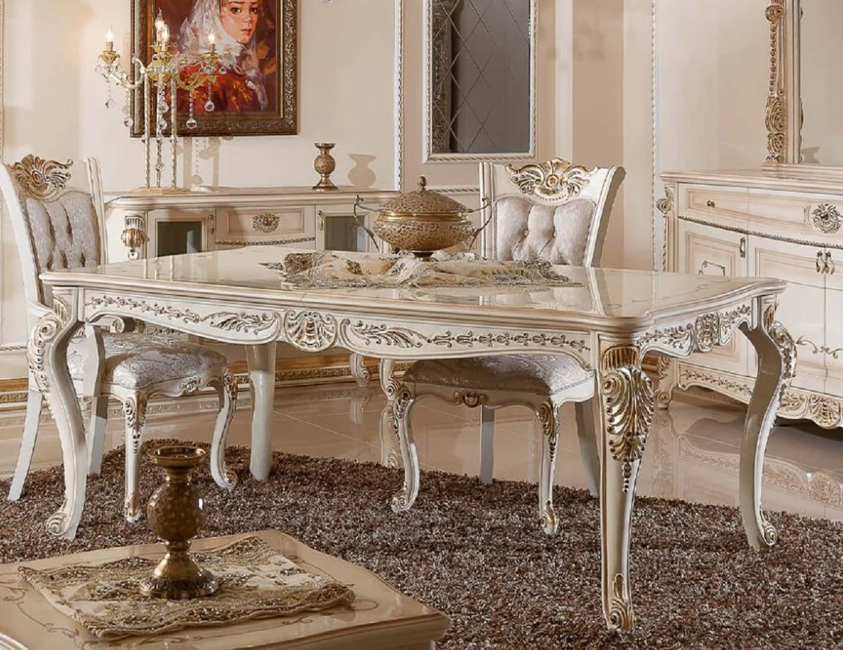 Casa Padrino mesa de comedor barroco de lujo blanco / beige / oro - Mesa de cocina rectangular de estilo barroco - Muebles de comedor barrocos de lujo - Muebles de comedor barrocos