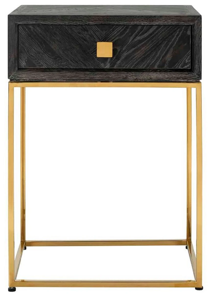 Casa Padrino mesa auxiliar de lujo negro / oro 50 x 40 x A. 71 cm - Mesita de noche de madera maciza con caj¨®n y estructura de acero inoxidable - Muebles de dormitorio de lujo