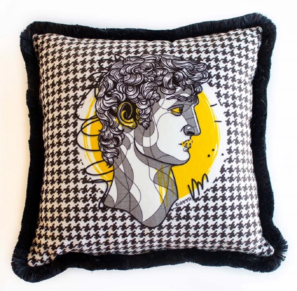 Casa Padrino cojín decorativa de lujo busto barroco blanco / gris / amarillo / negro 45 x 45 cm - Almohada de terciopelo estampado con flecos - Accesorios decorativos de lujo