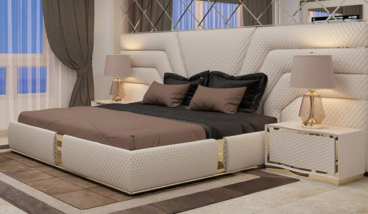 Casa Padrino conjunto de dormitorio de lujo crema / oro - 1 Cama Doble con Cabecera y 2 Mesitas de Noche - Muebles de Dormitorio y de Hotel Moderno - Calidad de Lujo