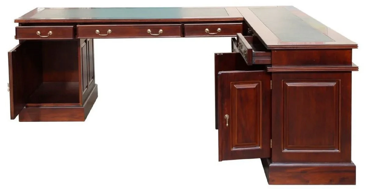 Casa Padrino escritorio esquinero de caoba de lujo marr¨®n oscuro / verde 225 x 200 x A. 80 cm - Mesa de oficina de madera maciza - Muebles de oficina de caoba - Muebles de oficina de lujo