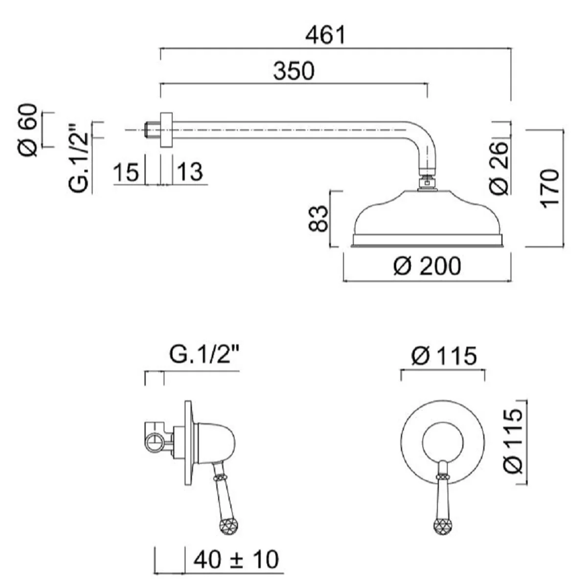 Casa Padrino conjunto de grifos de ducha de lujo con cristal Swarovski plata - Mezclador Monomando con Ducha de Cabeza - Conjunto de Ducha