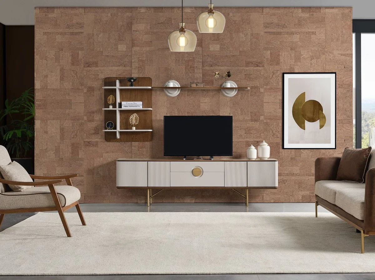 Casa Padrino conjunto de gabinete de TV para sala de estar de lujo gris claro / marr¨®n / lat¨®n - 1 Gabinete de TV y 1 Estante de Pared - Muebles de sal¨®n de madera maciza - Muebles de lujo