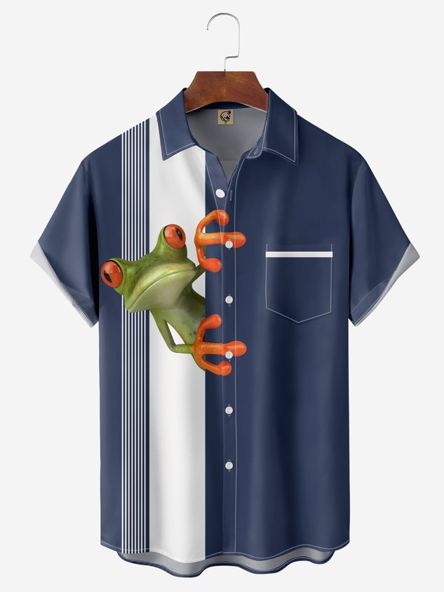 Animal Frog Chest Pocket Short Sleeve Bowling Shirt