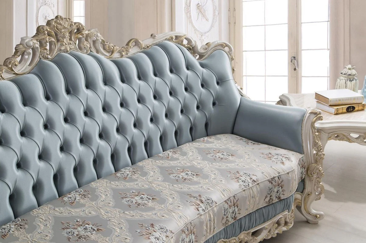 Casa Padrino sof¨¢ de sal¨®n barroco de lujo con cojines decorativos azul claro / crema / blanco / oro 240 x 90 x A. 120 cm - Muebles de sal¨®n barrocos nobles