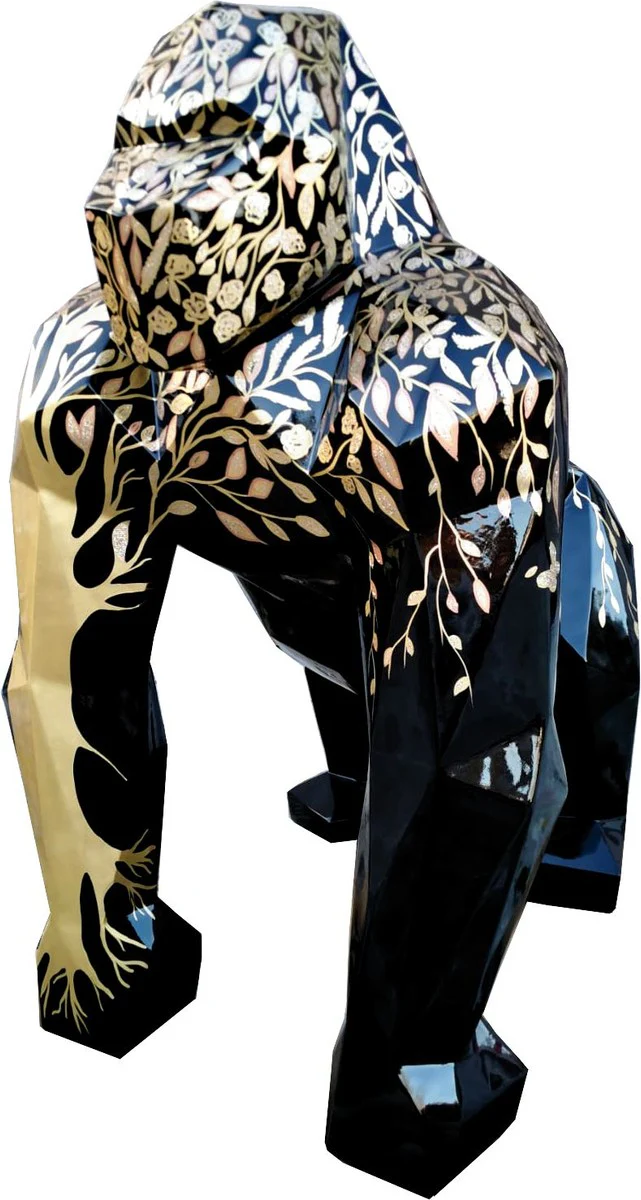 Casa Padrino escultura decorativa de diseño mono gorila con óptica purpurina negro / oro 118 x 78 x A. 128 cm - Enorme figura de decoración de jardín resistente a la intemperie