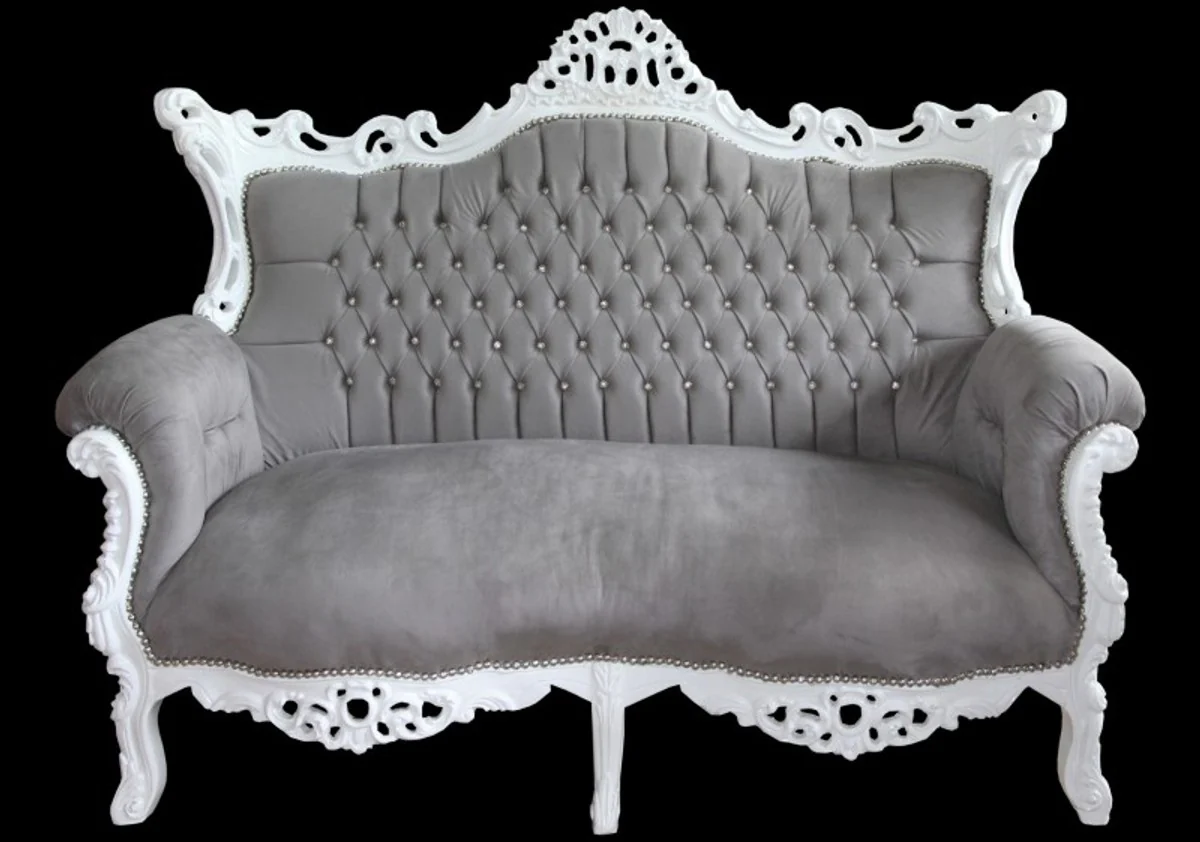 Casa Padrino Baroque 2-seater sofa Master Grey / White with Bling Bling diamante - antique style room furniture - Limited Edition