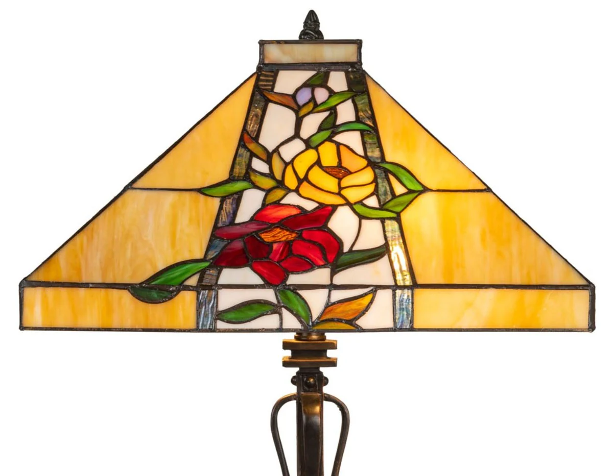 Casa Padrino Lámpara de Mesa Tiffany de Lujo Marrón / Multicolor 40 x 40 x H. 62 cm - Lámpara Tiffany con Diseño de Flores y Pantalla de Vidrio Hecha a Mano