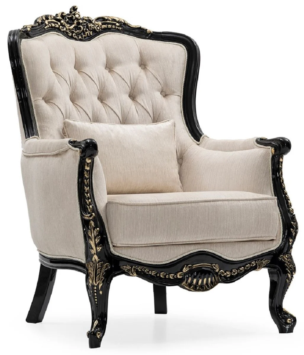 Casa Padrino sill¨®n de sal¨®n barroco de lujo crema / negro / oro - Sill¨®n de estilo barroco hecho a mano con coj¨ªn decorativo - Muebles de sal¨®n de lujo en estilo barroco - Muebles barrocos