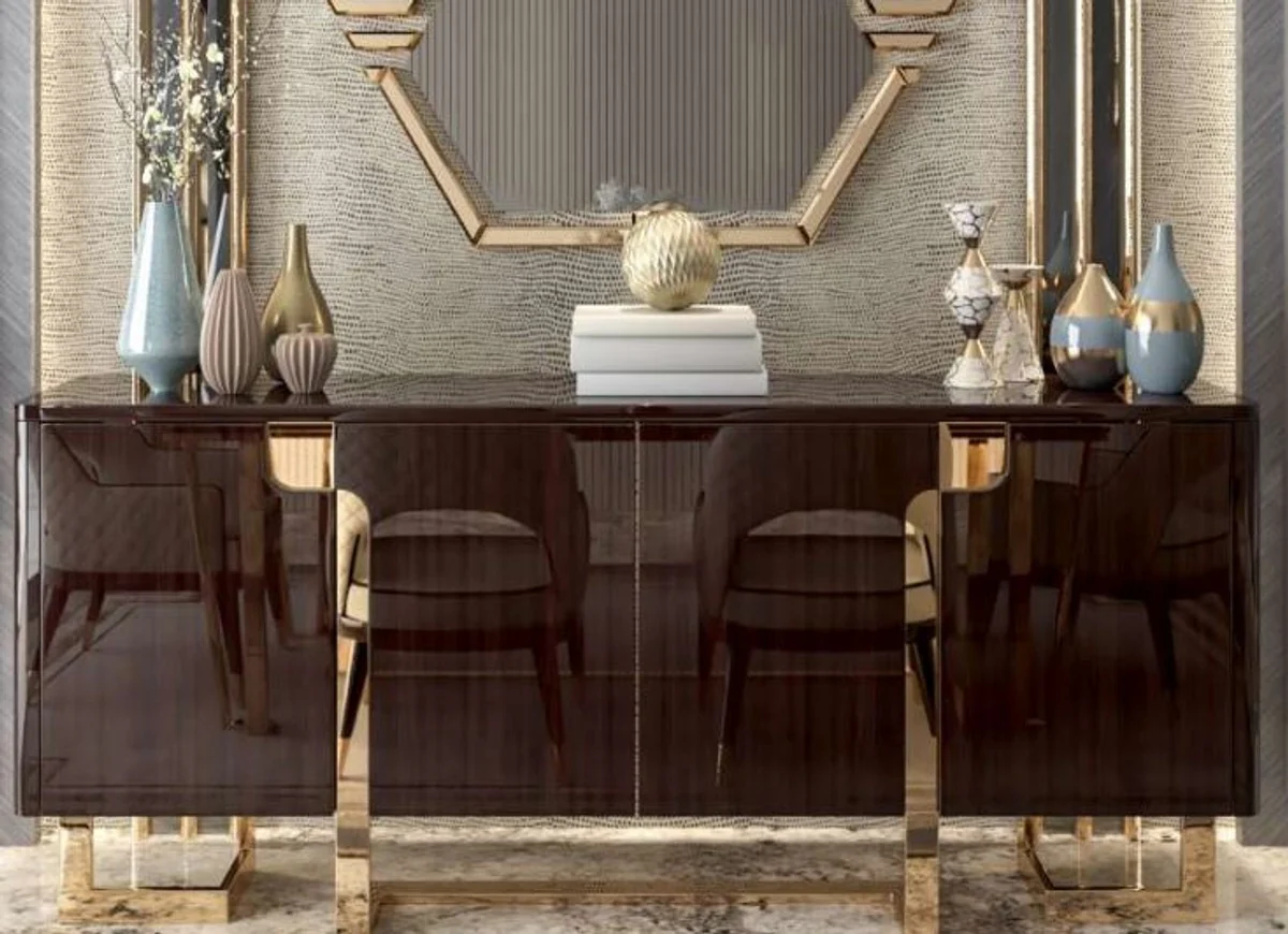 Casa Padrino aparador Art Dec¨® de lujo marr¨®n oscuro / oro 220 x 55 x A. 90 cm - Armario noble con 4 puertas - Muebles de Sal¨®n Art Deco