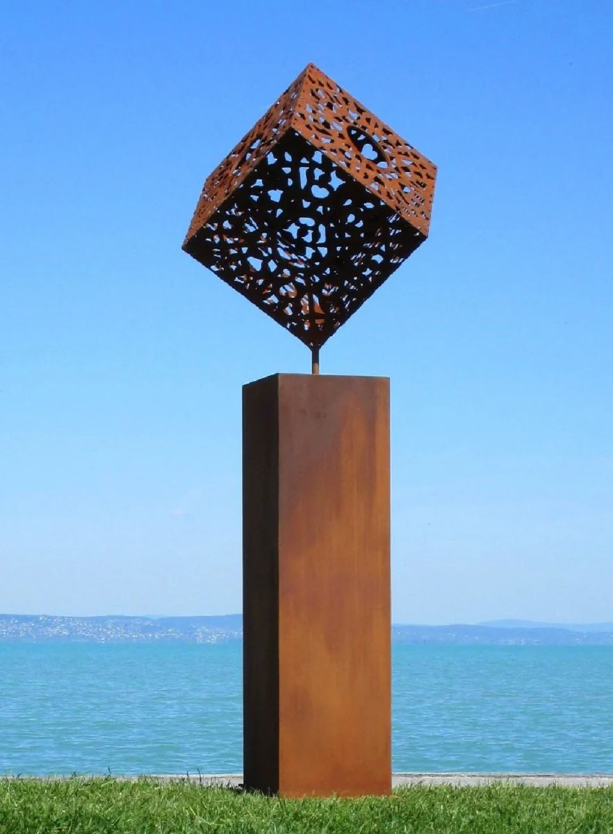 Casa Padrino escultura de metal de decoraci¨®n de jard¨ªn XXL cubo sobre columna ¨®xido A. 216 cm