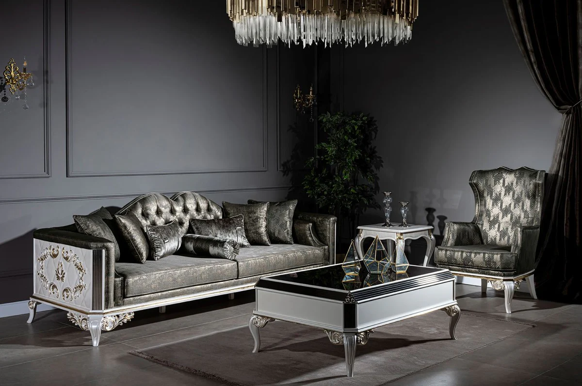 Casa Padrino sof¨¢ barroco de lujo verde / blanco / oro 255 x 92 x A. 91 cm - Magn¨ªfica sof¨¢ de sal¨®n con cojines decorativos - Noble y Magn¨ªfica