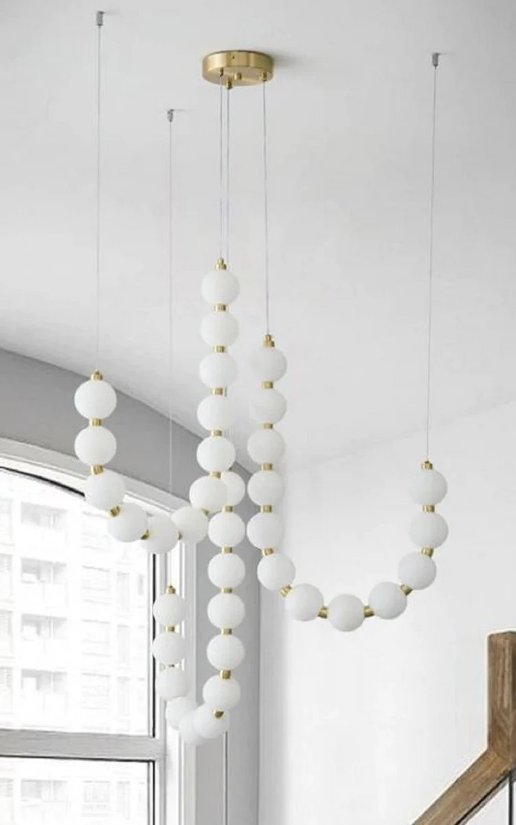 Casa Padrino lámpara colgante LED de lujo blanco / latón 90 x A. 65 cm - Lámpara colgante con pantallas redondas de acrílico - Luces de lujo - Calidad de lujo - Hecho en Italia