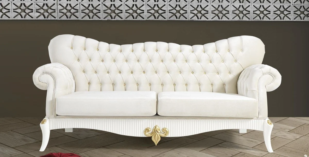 Casa Padrino sof¨¢ barroco crema / blanco / oro 224 x 83 x A. 112 cm - Sof¨¢ de sal¨®n con pedrer¨ªa - Muebles nobles barrocos