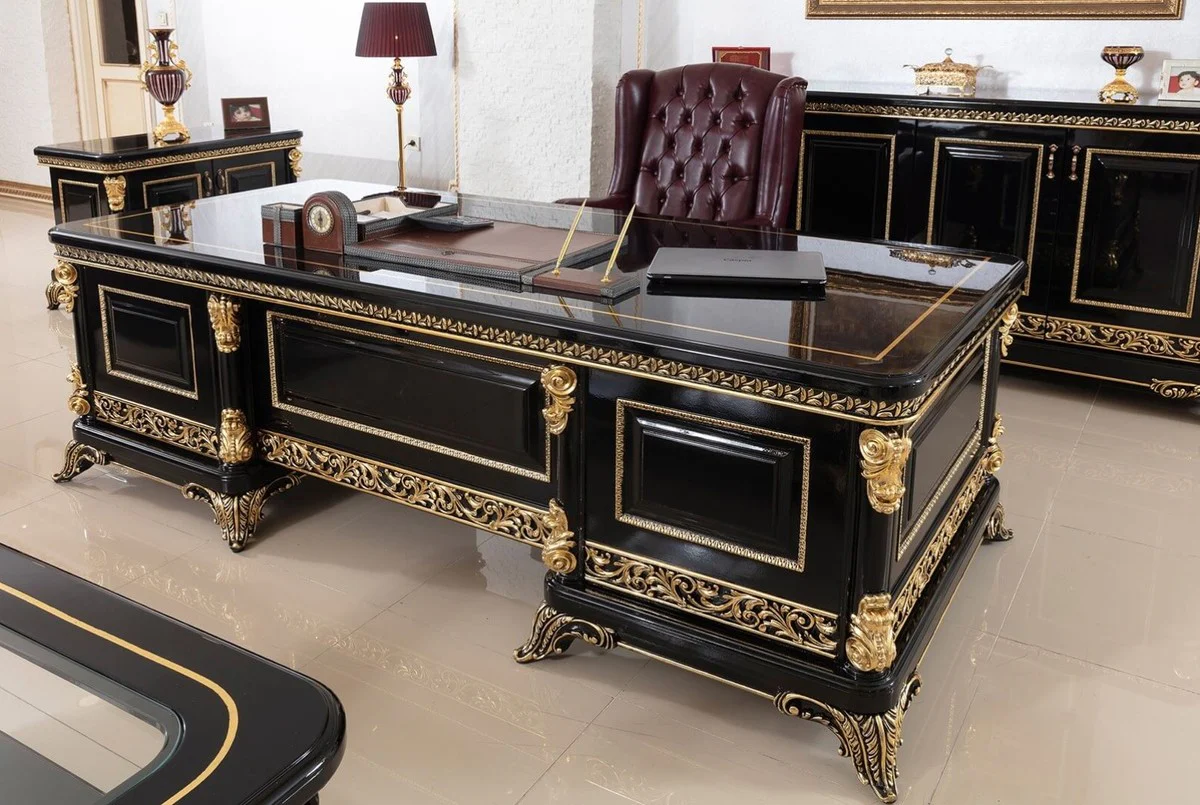 Casa Padrino silla de oficina barroco de lujo rojo burdeos / negro / oro - Silla de escritorio ajustable en altura con cuero artificial - Muebles de oficina de lujo estilo en barroco