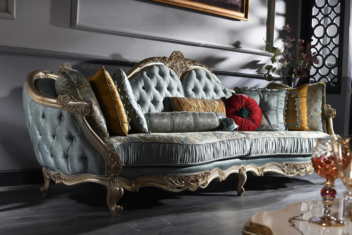 Casa Padrino sof¨¢ barroco de lujo turquesa / plata / oro 310 x 99 x H. 113 cm - Suntuoso Sof¨¢ de Sala de Estar Chesterfield en Estilo Barroco