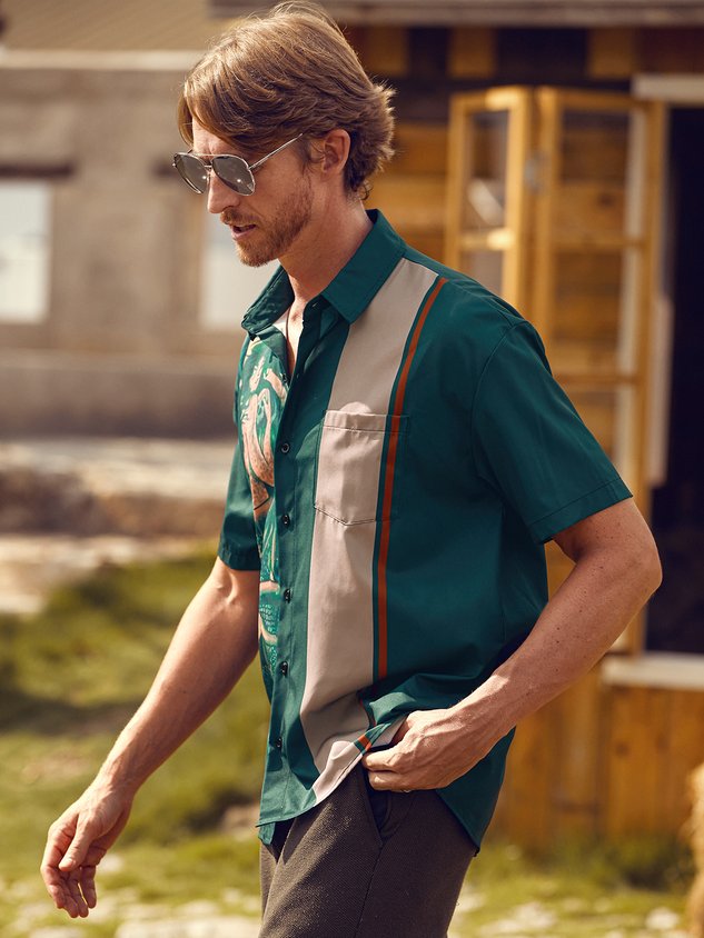 Mermaid Chest Pocket Short Sleeve Bowling Shirt