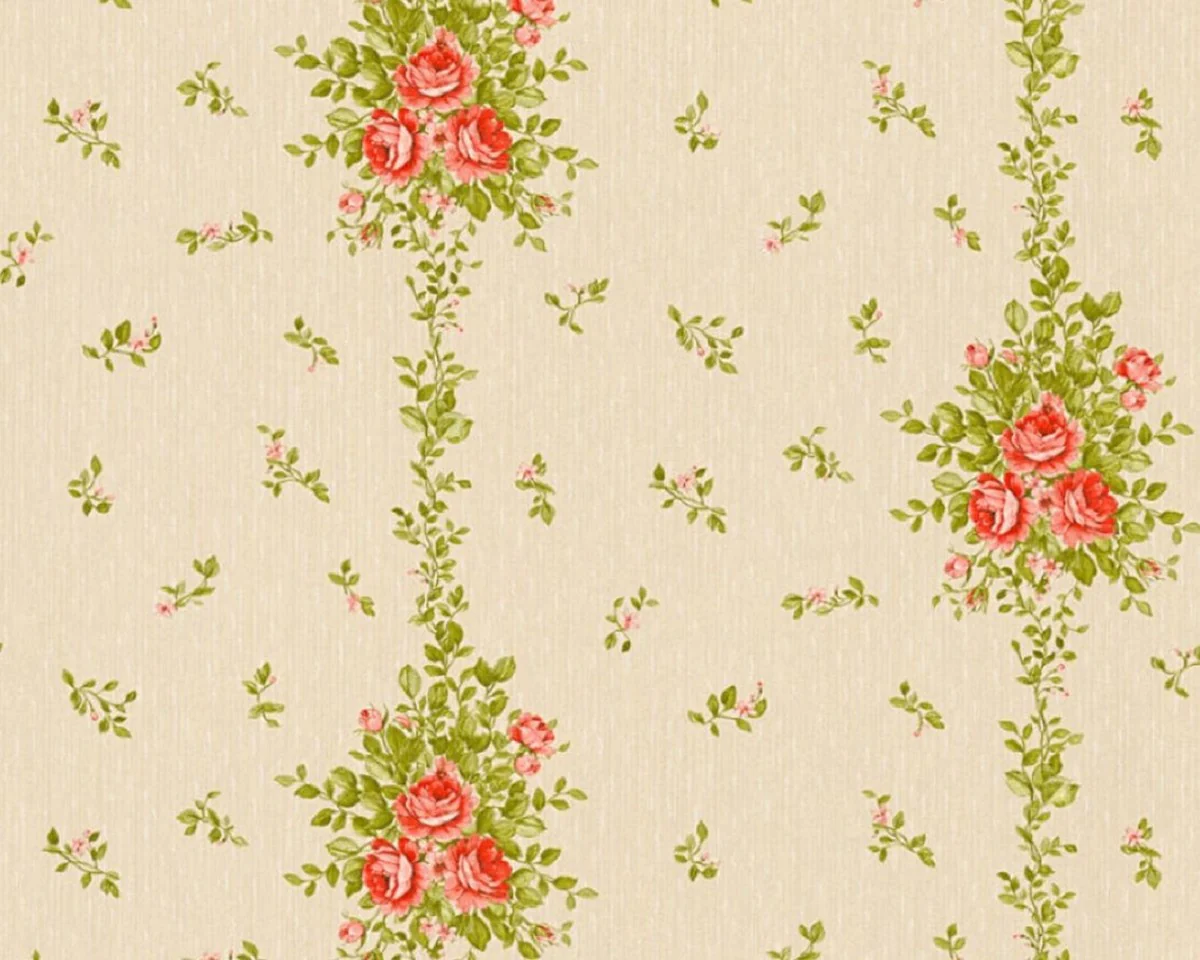 Casa Padrino papel pintado barroco no tejido beige / verde / rojo - Papel pintado de salón de estilo barroco con elegante patrón floral - Decoración de pared barroco