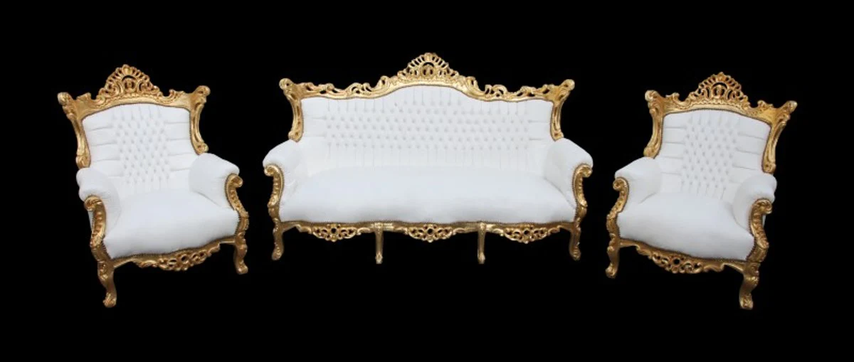Casa Padrino Baroque Living Set Master White / Gold leather look - 3 seater sofa + 2 armchairs