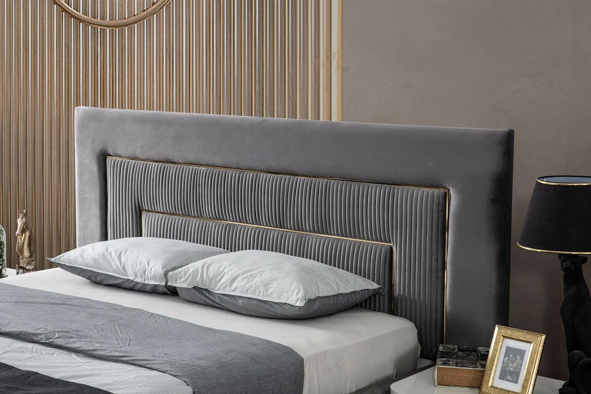 Casa Padrino conjunto de dormitorio de madera maciza de lujo gris / blanco / oro - 1 Cama Doble con Cabecera y 2 Mesitas de Noche - Muebles de dormitorio - Colección de Lujo