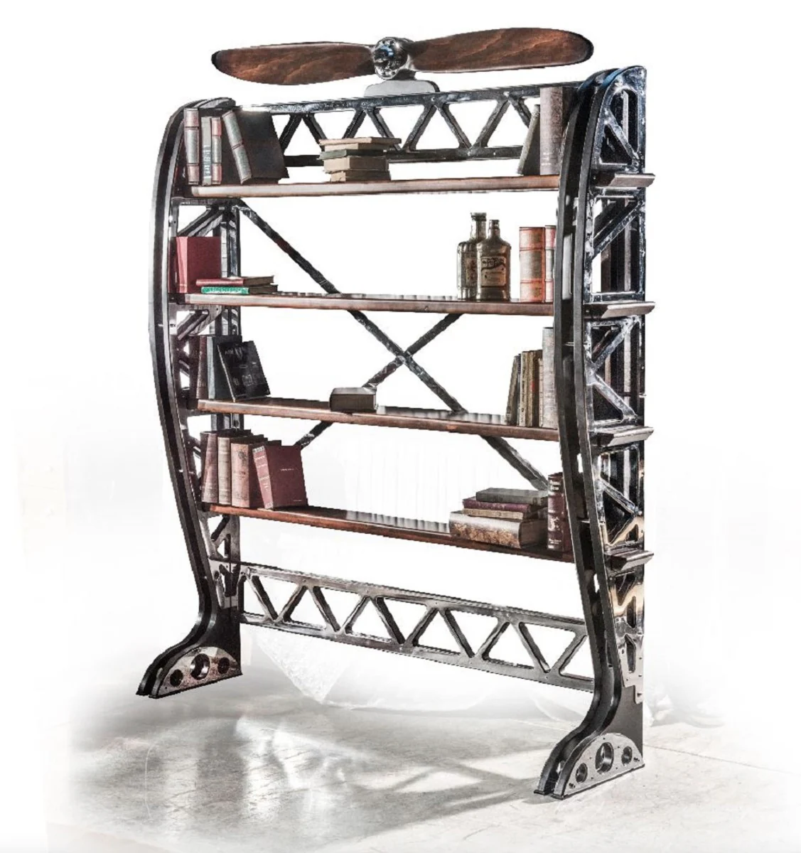 Casa Padrino armario de libros de estilo industrial de lujo plata / negro / marr¨®n 171 x 29,5 x A. 208,5 cm - Armario de metal con h¨¦lice de avi¨®n decorativa - Mueble de sal¨®n de estilo industrial